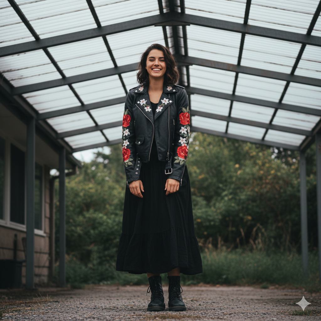 A woman standing outdoors under a carport wearing a black leather jacket with floral embroidery, a long black skirt, and black boots, smiling at the camera.”