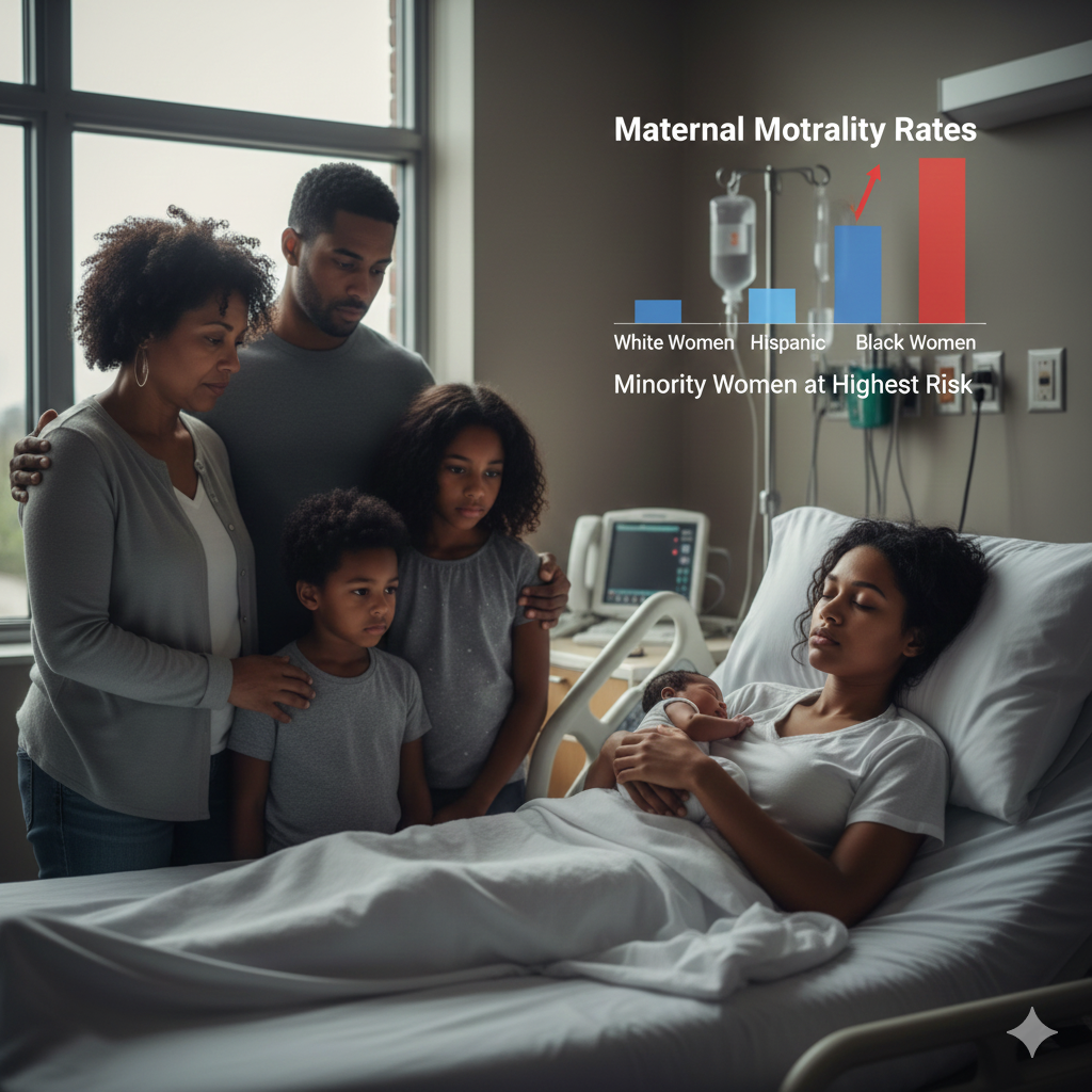 Infographic showing Oklahoma maternal mortality rates by race: Black women 43.9, Native American women 33.4, Hispanic women 27.9, and White women 13.8.”